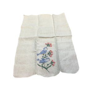 Vintage Linen Napkin Cross Stitch Embroidered Cream Floral Blue Jays 18" x 12"
